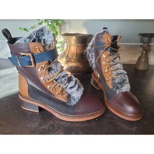 Patrizia Hilvia Spring Step 8.5 Fur Lace Up Combat Boots Brown Black Women's 39